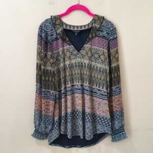 Lucky Brand Blue Persian Carpet Graphic Top Long Sleeve Ruffle size s new